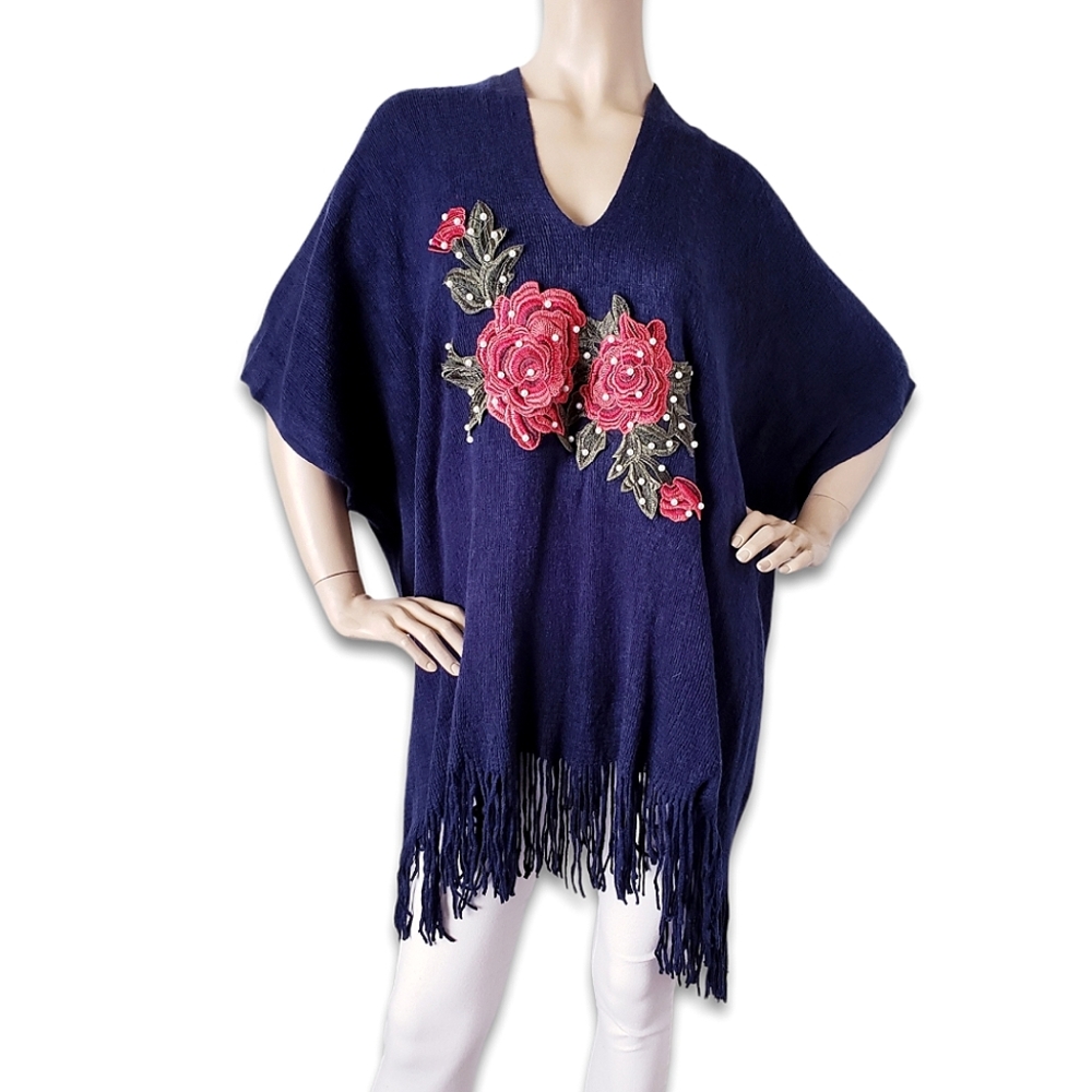 C-Mode Navy Blue Red Rose Embellished & Pearled Fringe Hem Poncho - Picture 3 of 8